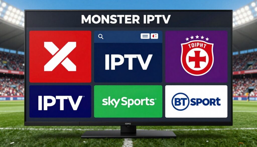 Generate an image of Monster IPTV's sports coverage, showcasing major sports channels like Sky Sports and BT Sport. Generate an image of Monster IPTV's sports coverage, showcasing major sports channels like Sky Sports and BT Sport.