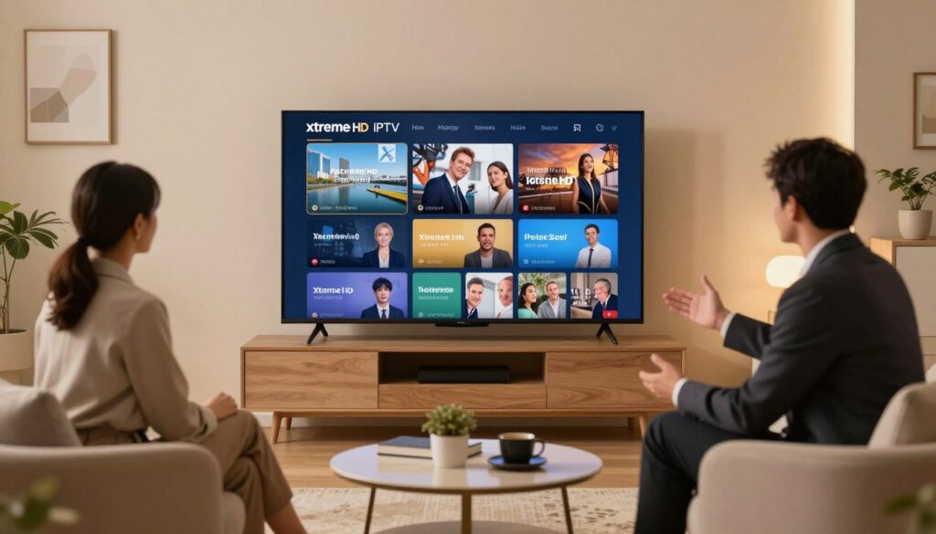 Generate an image of Xtreme HD IPTV's high-definition content on a smart TV.