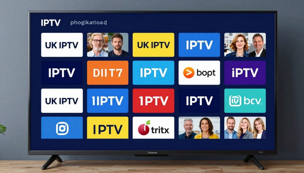 Generate an image of a British IPTV channel lineup on a smart TV, featuring popular UK channels.
