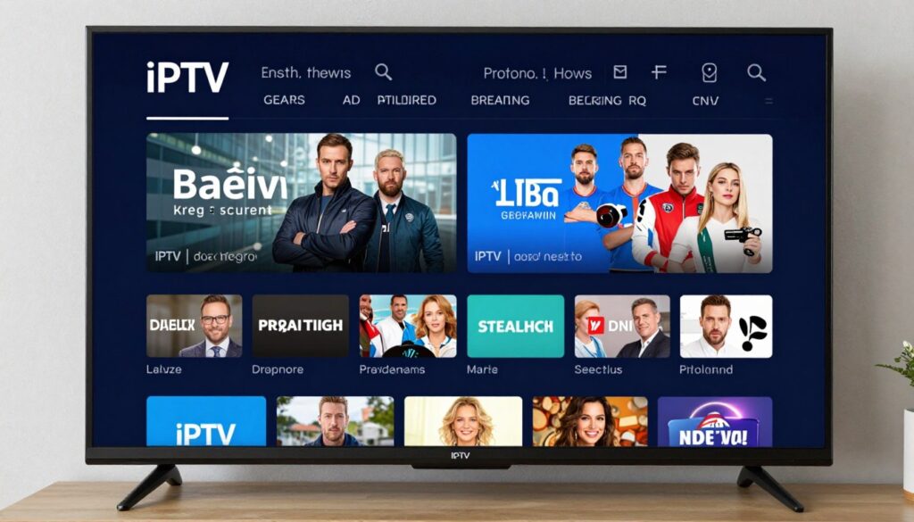 Generate an image of a British IPTV interface on a smart TV.