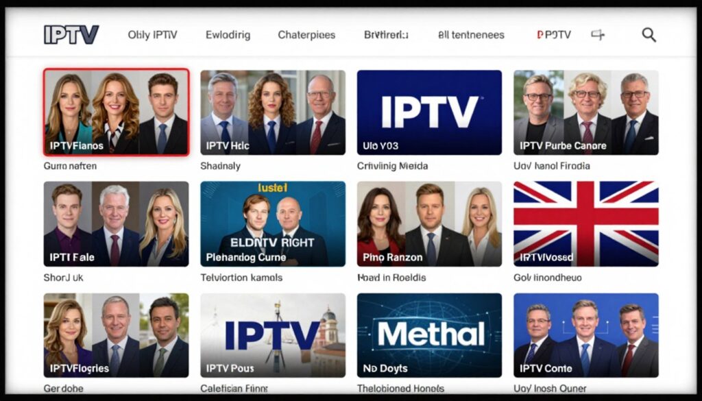 Generate an image of a British IPTV interface showcasing UK-centric channels and news content.