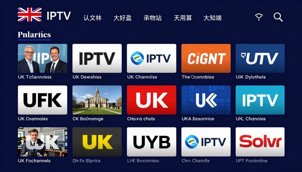 Generate an image of a British IPTV interface showing various UK channels.