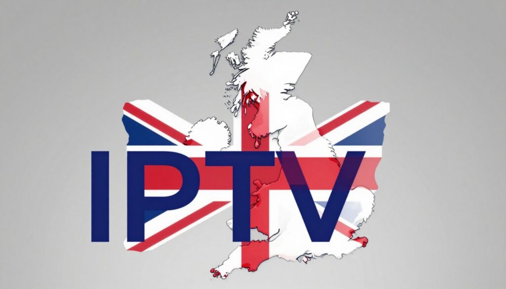 Generate an image of a British IPTV logo with a UK map in the background. Generate an image of a British IPTV logo with a UK map in the background.