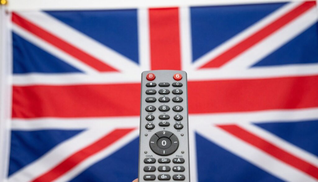 Generate an image of a British flag with a TV remote control in the foreground.