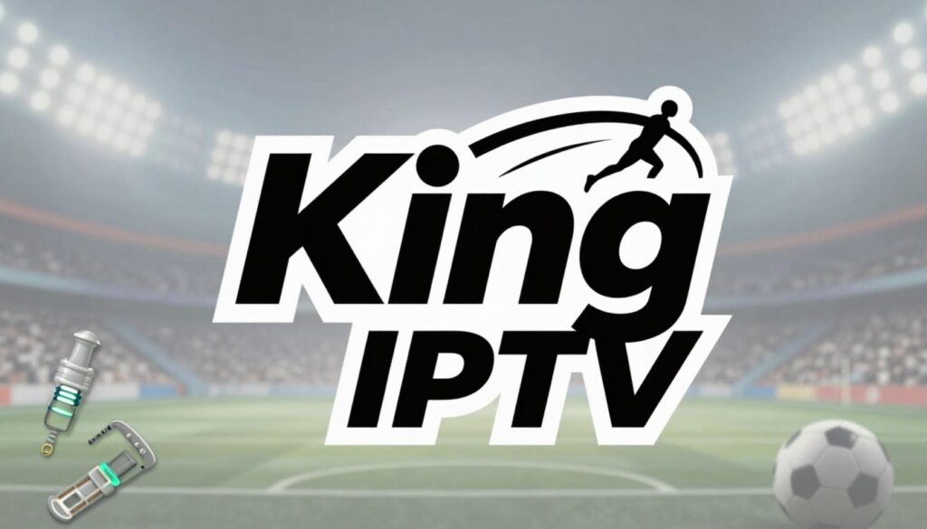 Generate an image of a King IPTV logo with sports channels in the background
