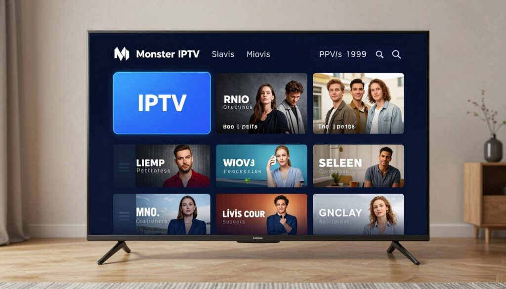 Generate an image of a Monster IPTV interface showing a variety of channels and on-demand content.