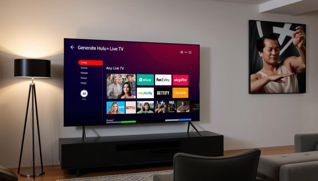 Generate an image of a TV screen displaying Hulu + Live TV interface Generate an image of a TV screen displaying Hulu + Live TV interface