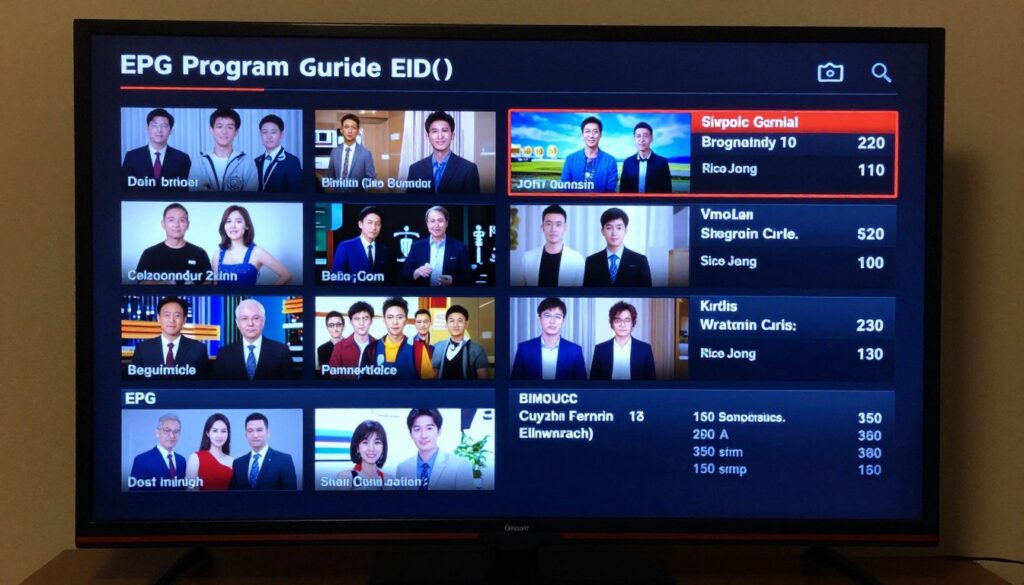 Generate an image of a TV screen displaying an EPG with various channels and programme schedules.