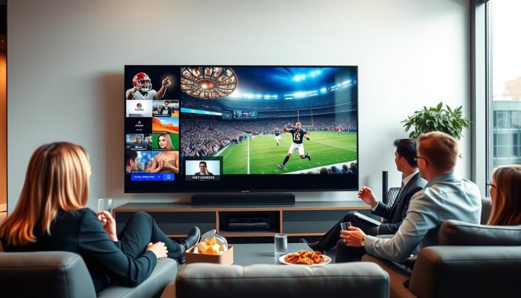 Generate an image of a TV screen displaying multiple channels simultaneously with a sports event in the foreground.