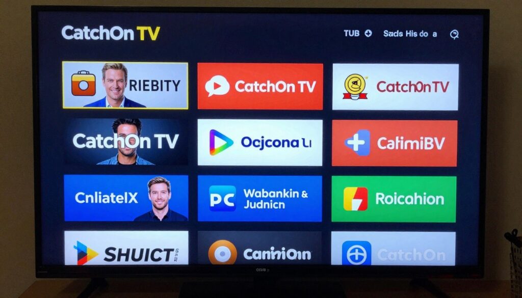 Generate an image of a TV screen displaying various channels available on CatchOn TV