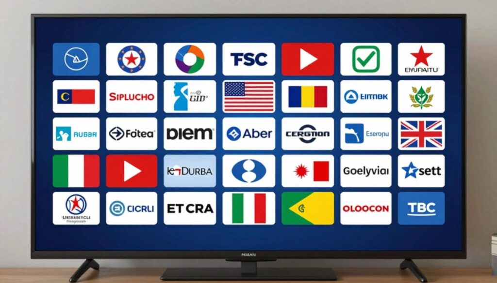 Generate an image of a TV screen displaying various international channels.