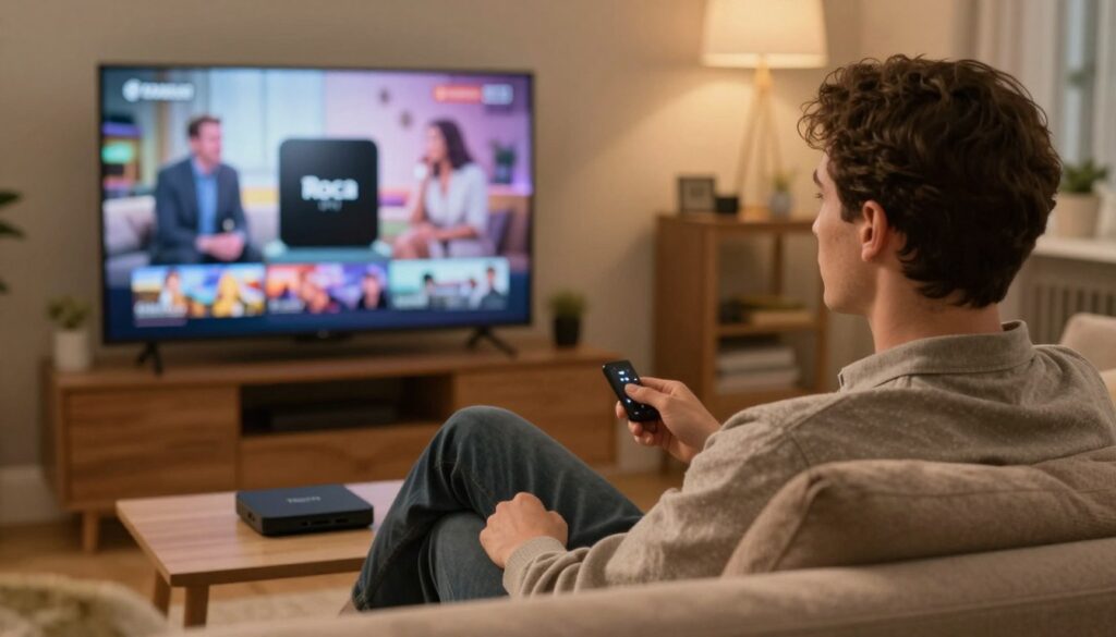 Generate an image of a UK viewer enjoying their favourite TV show on Roca IPTV