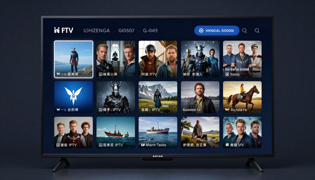 Generate an image of a Viking IPTV interface on a smart TV, showcasing a variety of global and local channels.