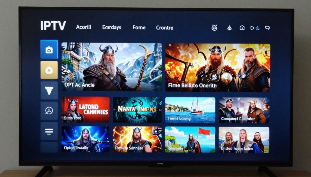 Generate an image of a Viking IPTV interface on a smart TV, showcasing various channels and on-demand content. Generate an image of a Viking IPTV interface on a smart TV, showcasing various channels and on-demand content.