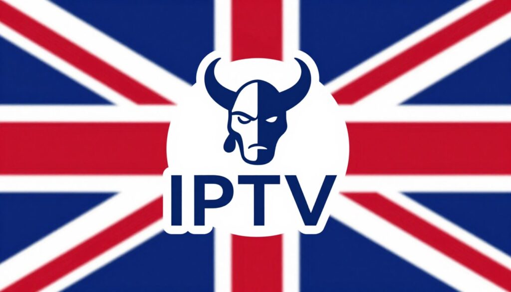 Generate an image of a Viking IPTV logo with a British flag in the background. Generate an image of a Viking IPTV logo with a British flag in the background.