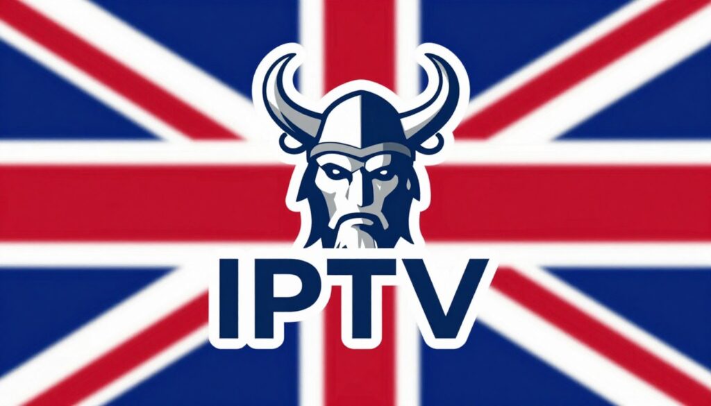 Generate an image of a Viking IPTV logo with a UK flag in the background Generate an image of a Viking IPTV logo with a UK flag in the background