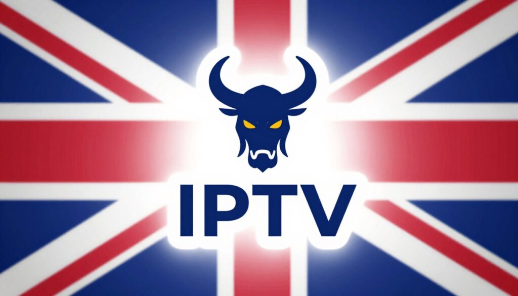 Generate an image of a Viking IPTV logo with a UK flag in the background