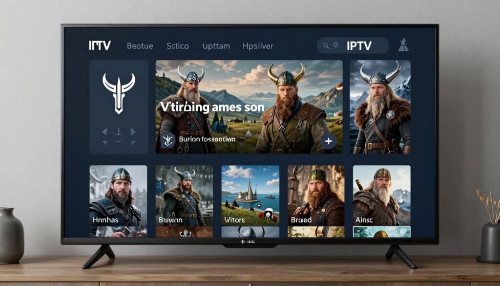 Generate an image of a Viking-themed IPTV interface on a smart TV.