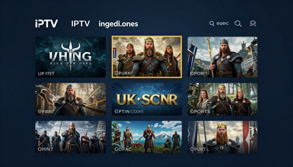Generate an image of a Viking-themed IPTV interface showing various UK channels and sports content.