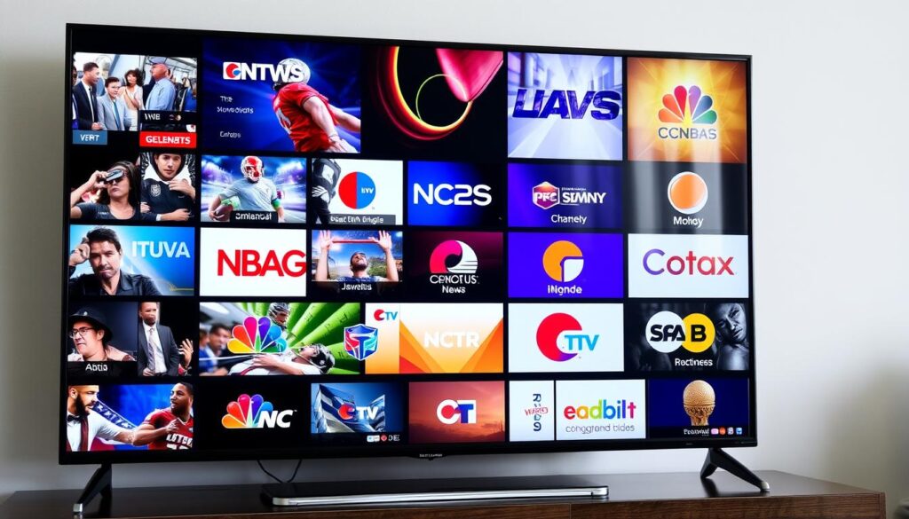 Generate an image of a diverse TV channel list on a modern screen Generate an image of a diverse TV channel list on a modern screen