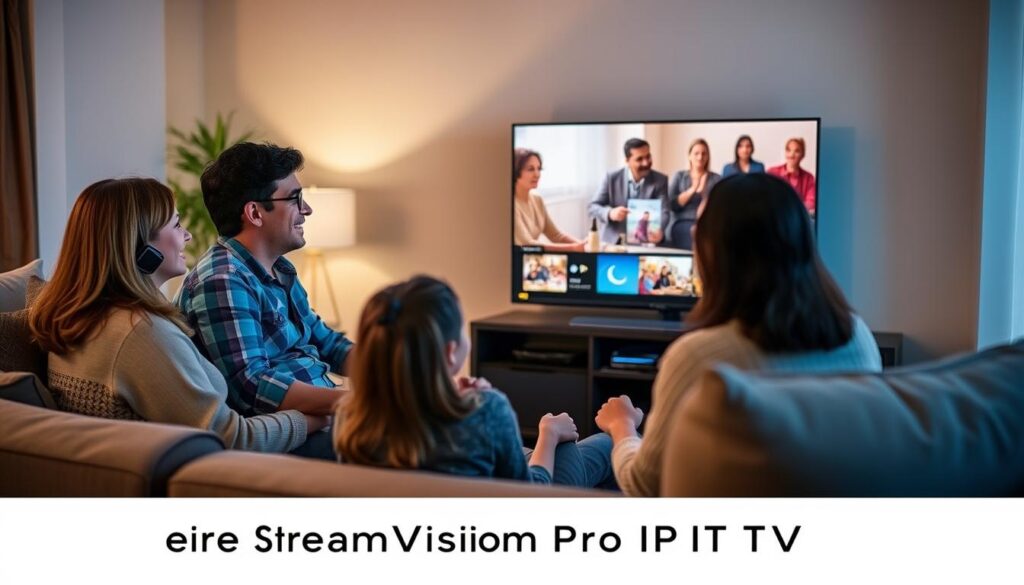Generate an image of a family enjoying a movie night with StreamVision Pro IPTV on their TV.