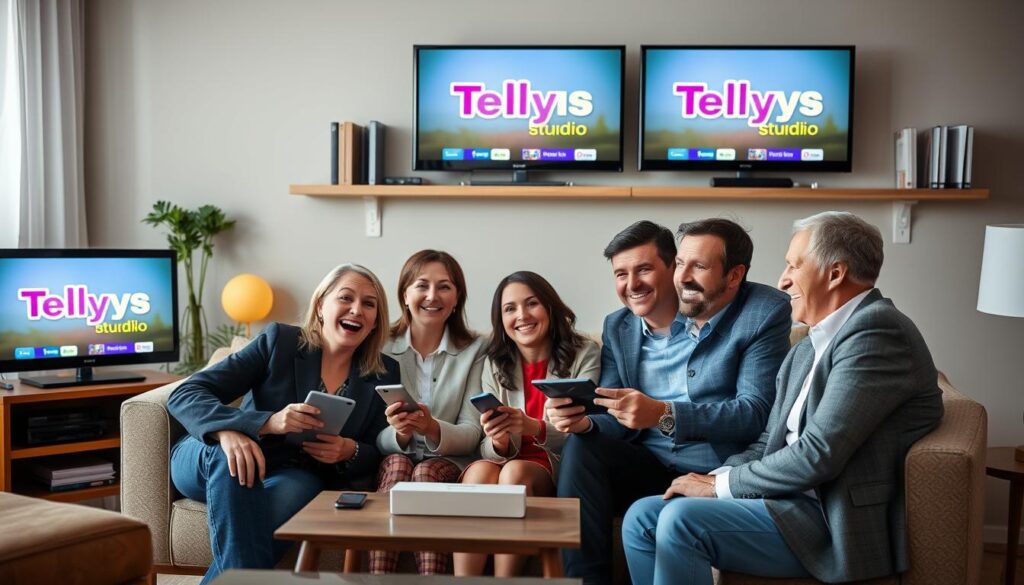 Generate an image of a family watching TV on multiple devices with Tellystudio.