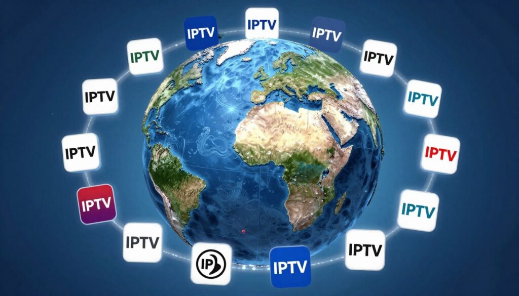 Generate an image of a globe with multiple IPTV channel logos surrounding it, representing global coverage.