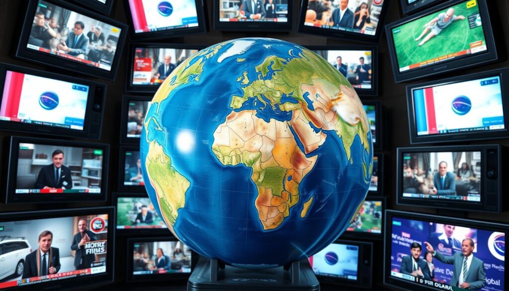 Generate an image of a globe with multiple TV screens displaying different international channels.