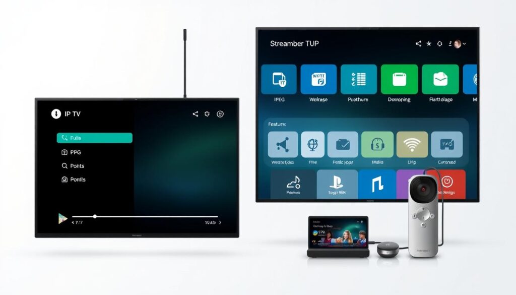 Generate an image of a modern IPTV stream player interface showcasing various features like EPG, playback controls, and multi-device compatibility.