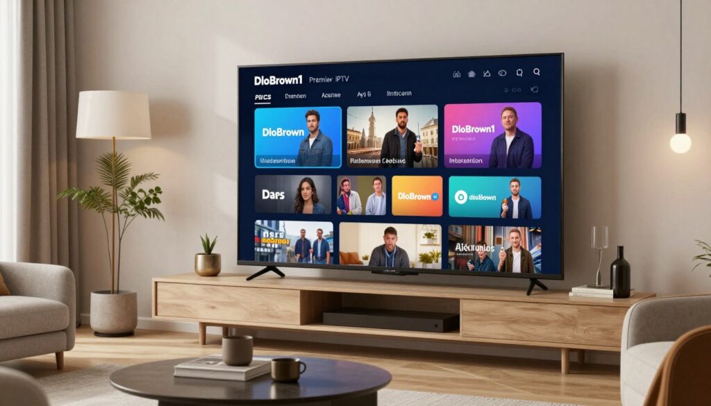 Generate an image of a modern living room with a large screen TV displaying DloBrown1 Premium IPTV's user interface, showing various channels and on-demand content.