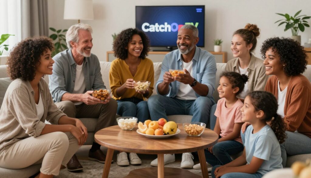 Generate an image of a multilingual family enjoying CatchOn TV Generate an image of a multilingual family enjoying CatchOn TV