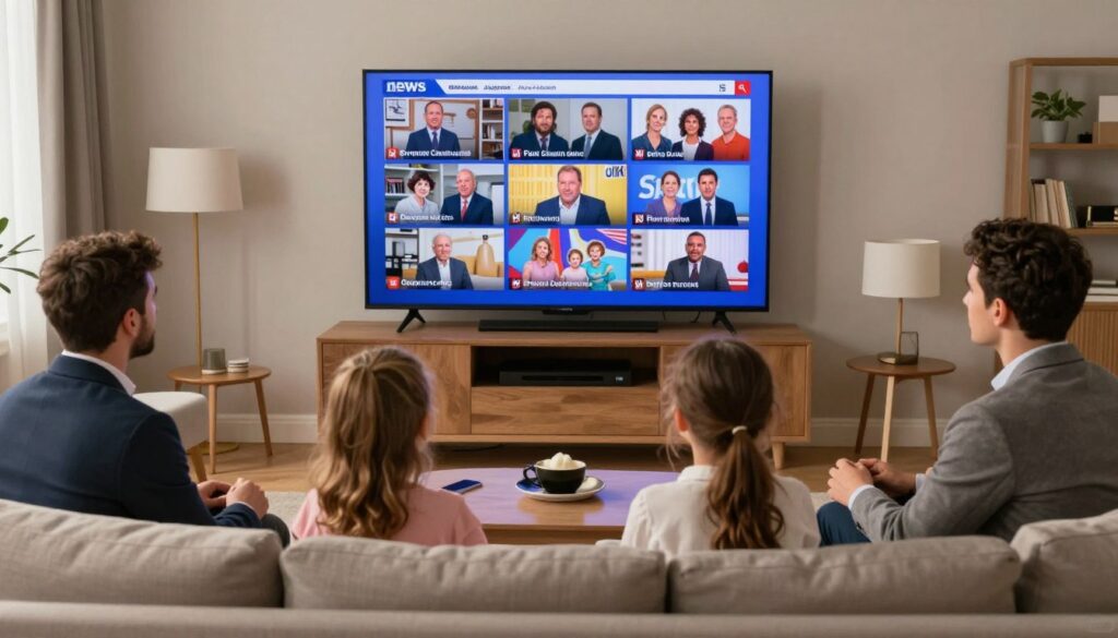 Generate an image of a multilingual family watching TV together with various European and UK channels on the screen.