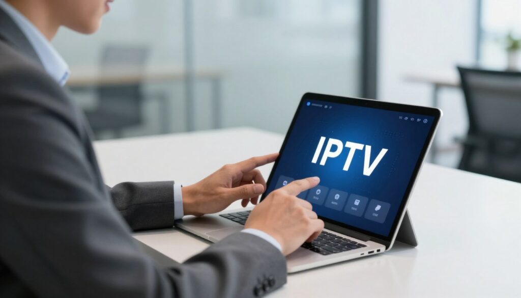 Generate an image of a person accessing IPTV services on their device