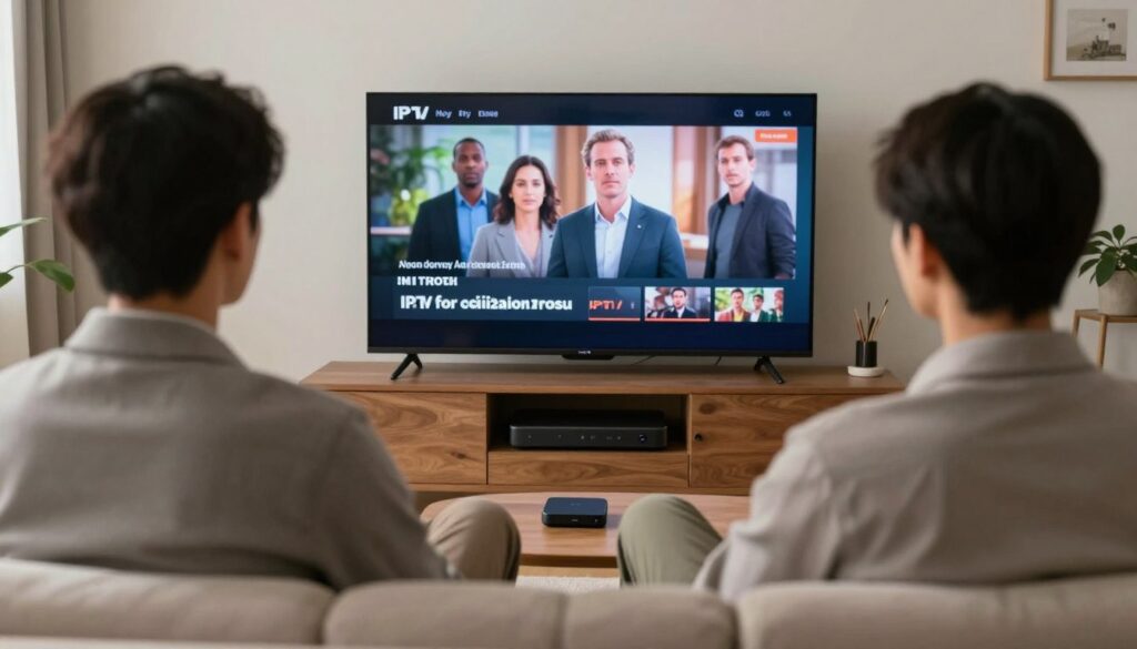 Generate an image of a person binge-watching their favourite series on IPTV