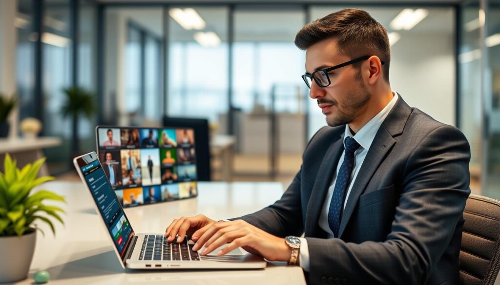 Generate an image of a person browsing through XtreamView IPTV's vast content library.