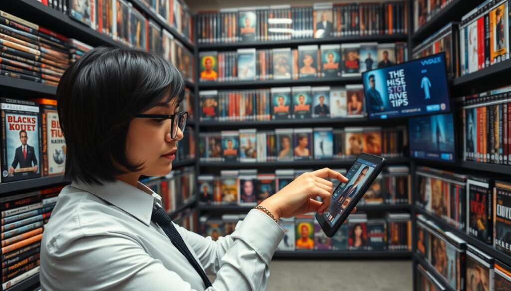 Generate an image of a person browsing through a vast library of movies and TV series on their device.