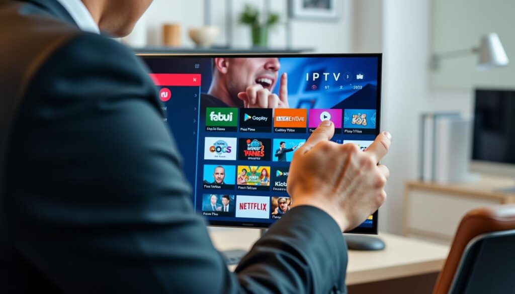 Generate an image of a person choosing an IPTV player on their device