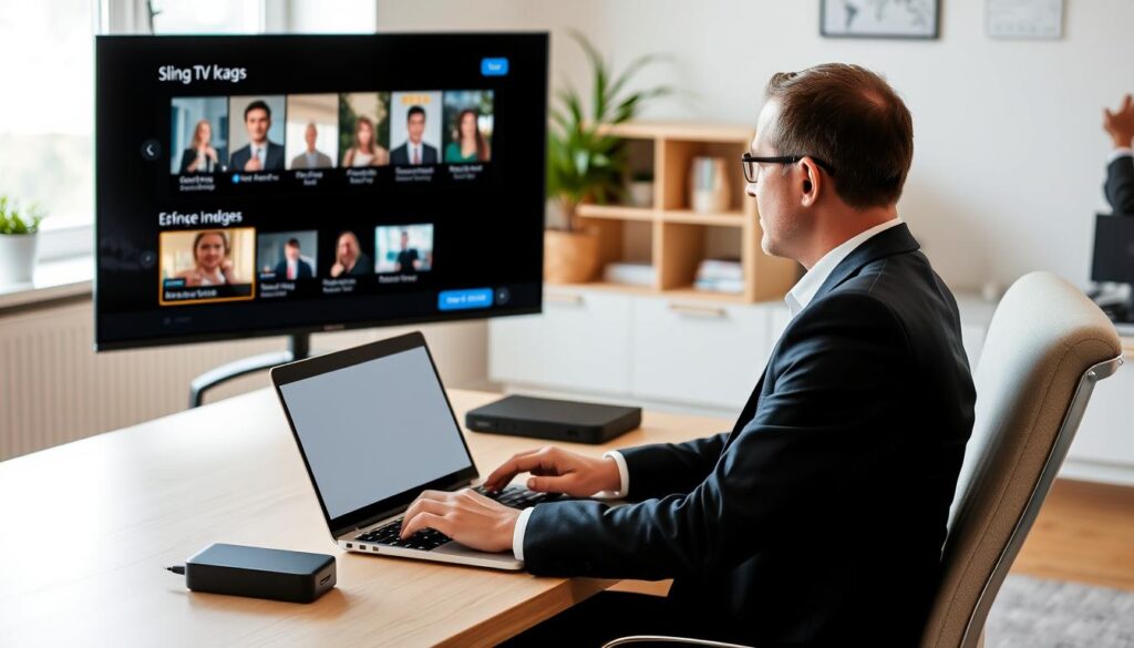 Generate an image of a person customising their Sling TV package on a laptop Generate an image of a person customising their Sling TV package on a laptop