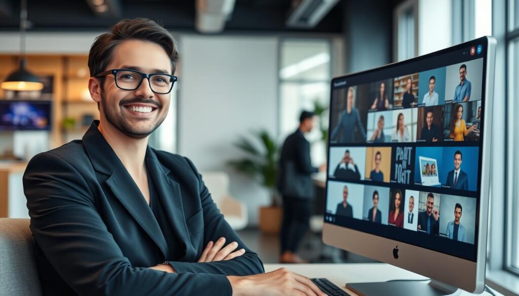 Generate an image of a person enjoying a variety of content on TiVistation, with a satisfied expression.