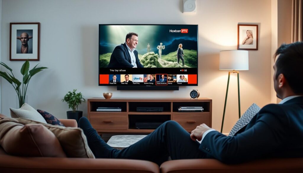 Generate an image of a person enjoying their favourite TV show on Hoxtoon IPTV.