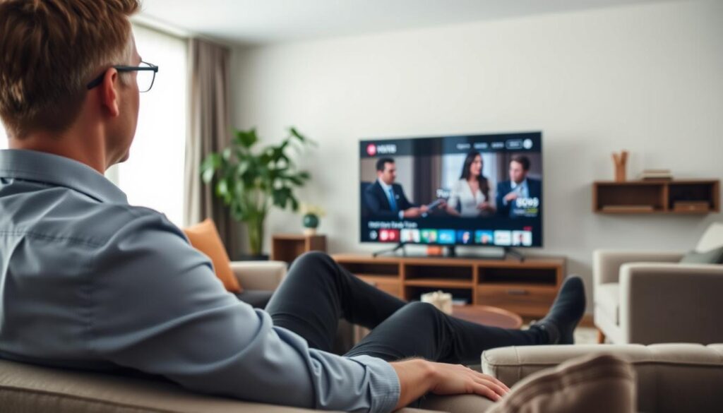 Generate an image of a person enjoying their favourite TV show on Philo. Generate an image of a person enjoying their favourite TV show on Philo.