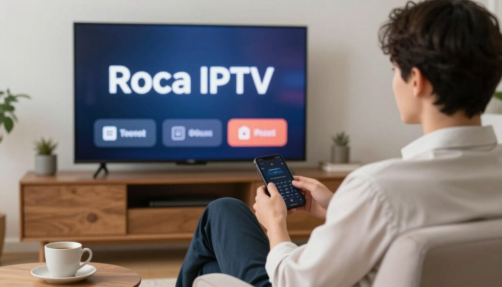 Generate an image of a person enjoying their favourite TV show on Roca IPTV