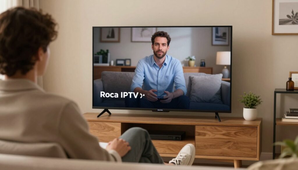 Generate an image of a person enjoying their favourite TV show on Roca IPTV Generate an image of a person enjoying their favourite TV show on Roca IPTV