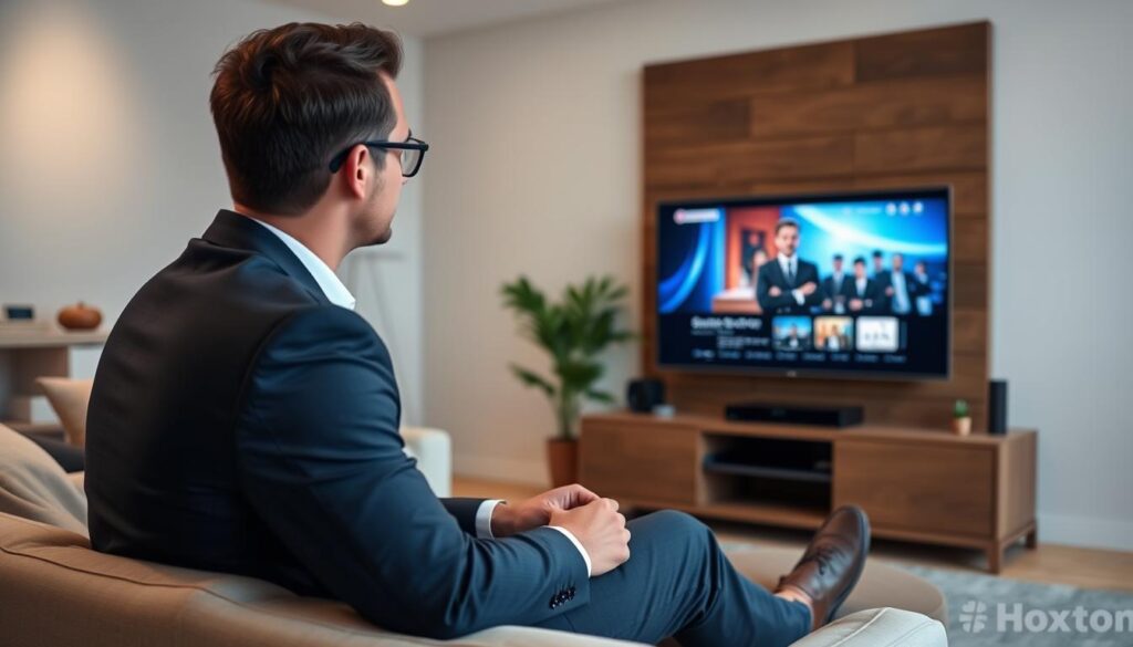 Generate an image of a person enjoying their favourite TV show on a Hoxtoon IPTV-enabled device.