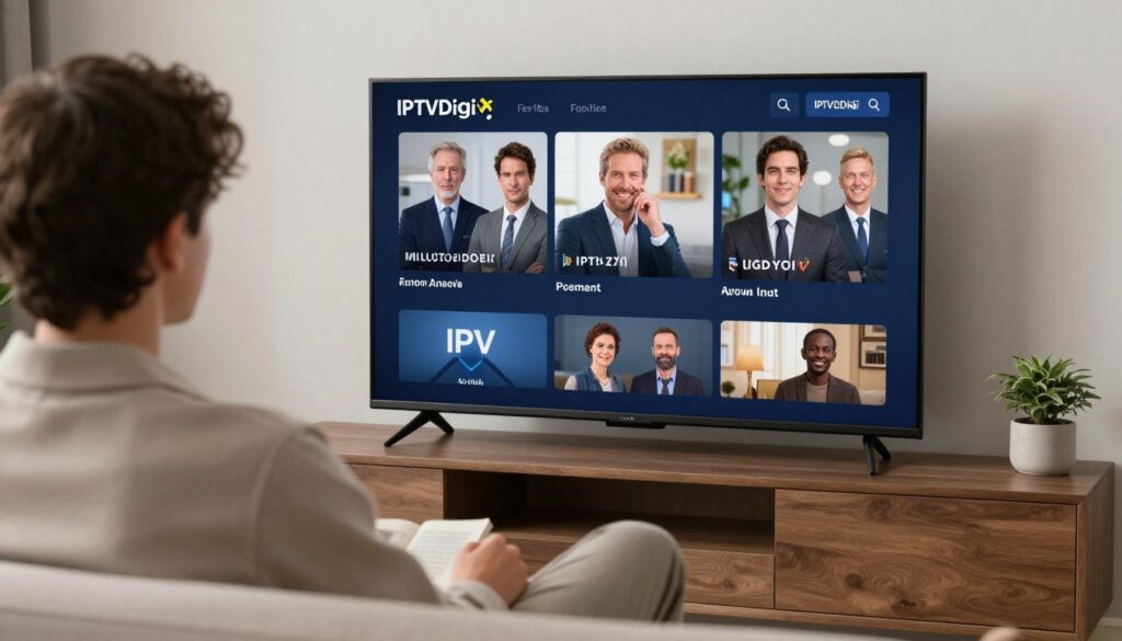 Generate an image of a person enjoying their favourite TV show on a Smart TV using IPTVDigi Generate an image of a person enjoying their favourite TV show on a Smart TV using IPTVDigi