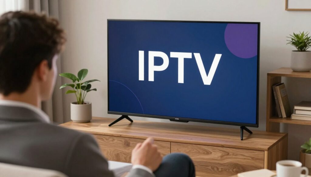 Generate an image of a person enjoying their favourite TV show on a budget-friendly IPTV service