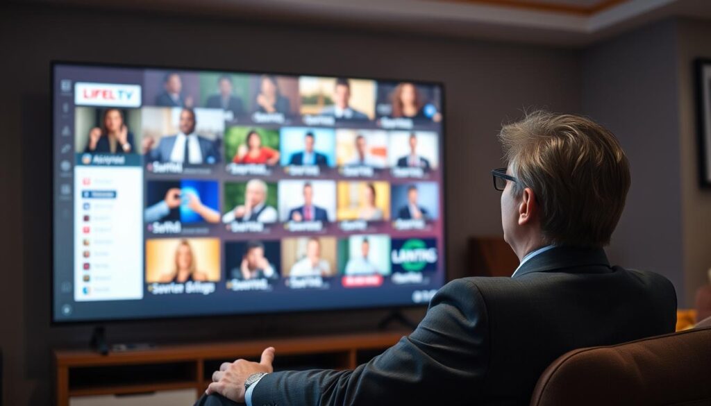 Generate an image of a person enjoying their favourite TV show on a large screen with multiple channels displayed. Generate an image of a person enjoying their favourite TV show on a large screen with multiple channels displayed.