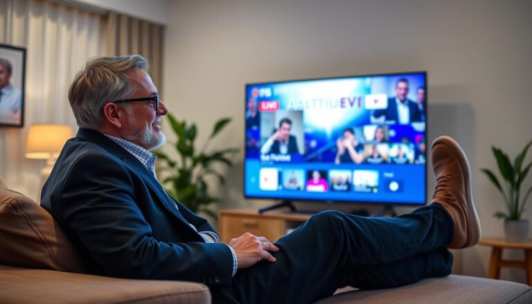 Generate an image of a person enjoying their favourite TV show on a smart TV using Hot IPTV.