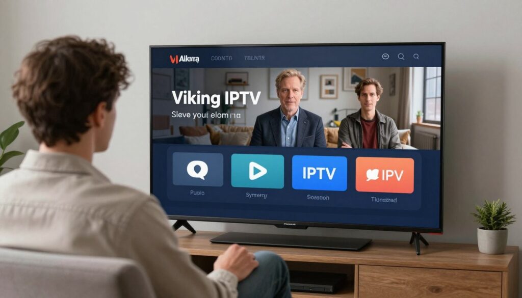 Generate an image of a person enjoying their favourite TV show on a smart TV with a Viking IPTV subscription