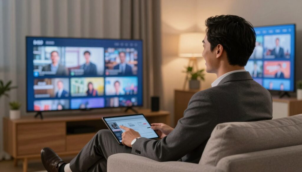Generate an image of a person happily watching TV on their device with multiple screens showing different channels.